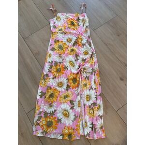 O'Neill Women Pink Sunflower Floral Ruched Side Slit Midi Dress Size L